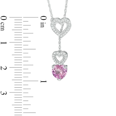 6.0mm Lab-Created Pink Sapphire and 0.11 CT. T.W. Diamond Heart Lariat Necklace in Sterling Silver