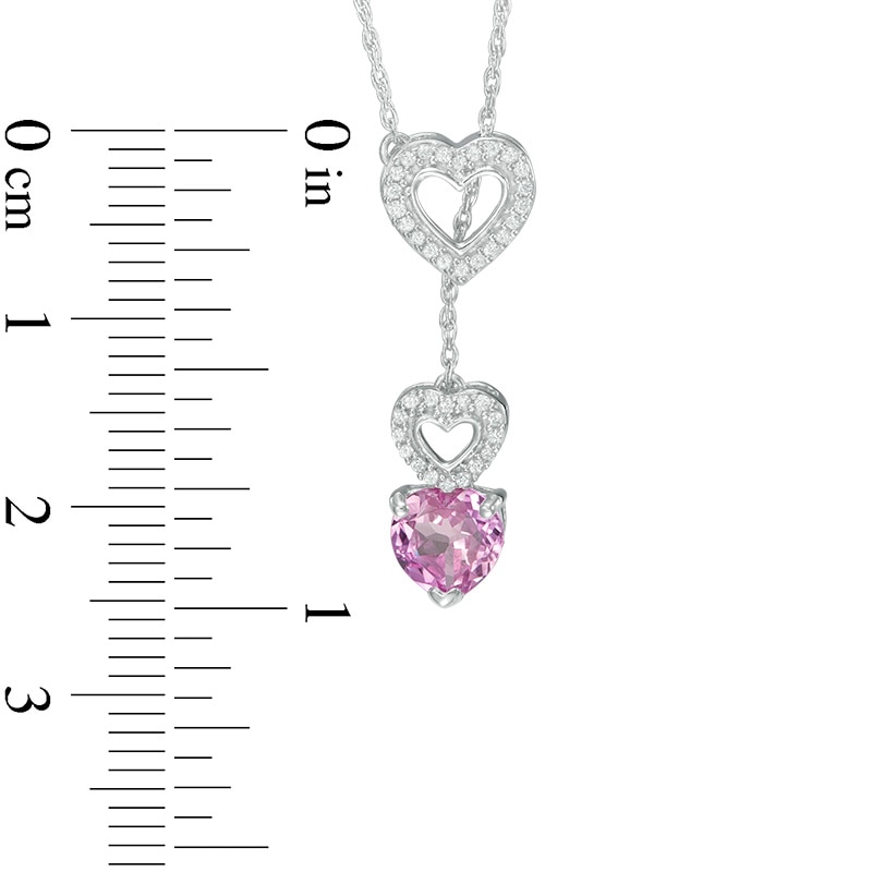 6.0mm Lab-Created Pink Sapphire and 0.11 CT. T.W. Diamond Heart Lariat Necklace in Sterling Silver