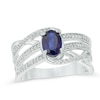 Thumbnail Image 0 of Oval Lab-Created Blue Sapphire and 0.18 CT. T.W. Diamond Wave Ring in 10K White Gold