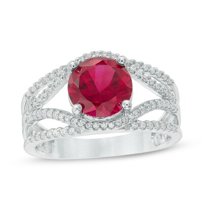 8.0mm Lab-Created Ruby and 0.24 CT. T.W. Diamond Split Shank Ring in 10K White Gold