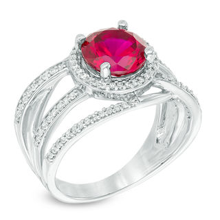 8.0mm Lab-Created Ruby and 0.32 CT. T.W. Diamond Frame Orbit Ring in 10K White Gold