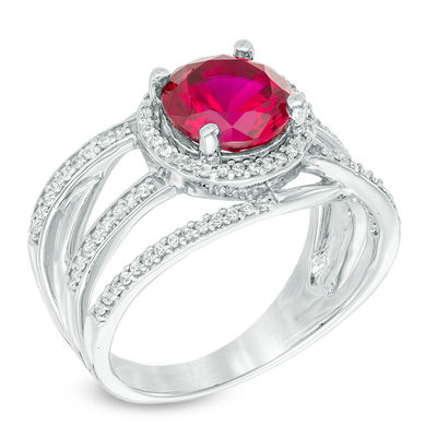 8.0mm Lab-Created Ruby and 0.32 CT. T.W. Diamond Frame Orbit Ring in 10K White Gold