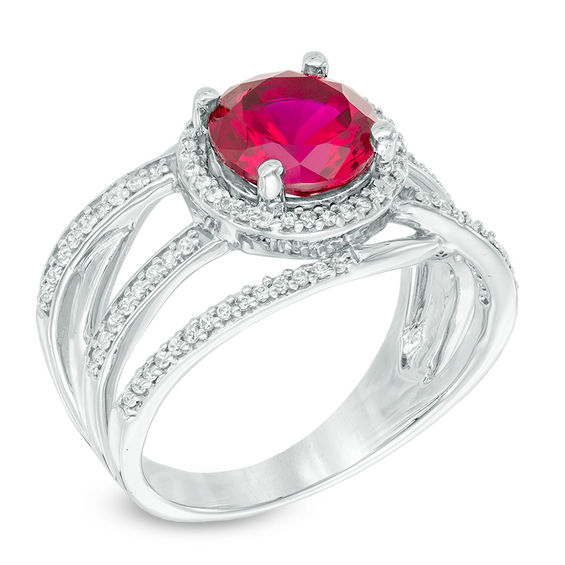 8.0mm Lab-Created Ruby and 0.32 CT. T.W. Diamond Frame Orbit Ring in 10K White Gold