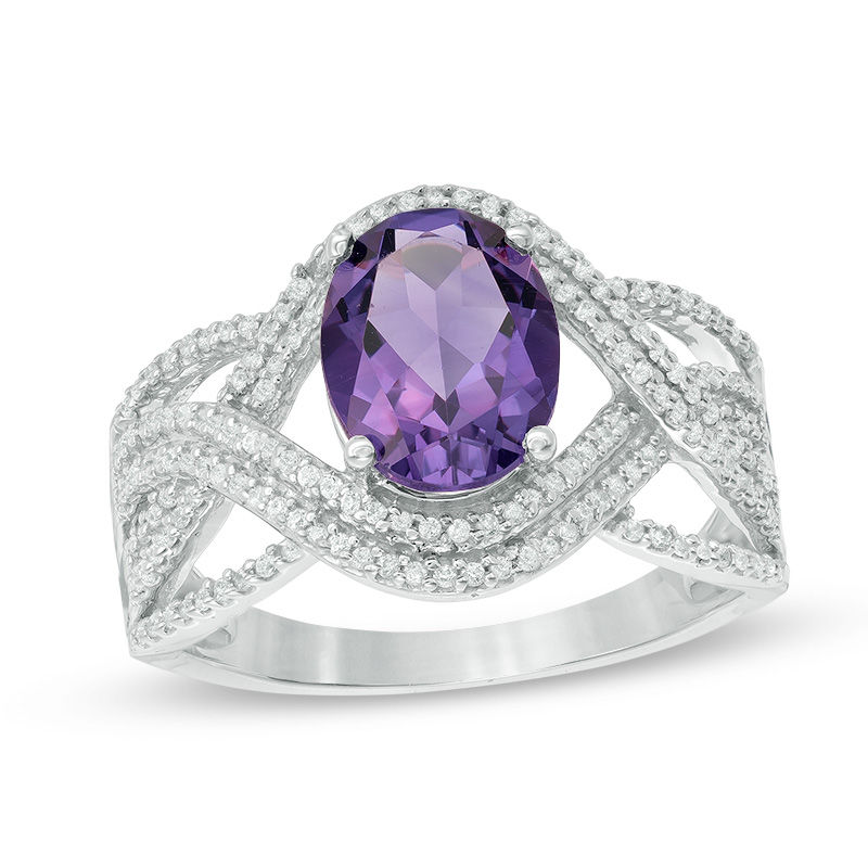 Oval Amethyst and 0.30 CT. T.W. Diamond Double Row Ring in 10K White Gold