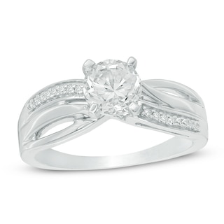 6.0mm White Lab-Created Sapphire and 0.09 CT. T.W. Diamond Slant Bridal Set in Sterling Silver