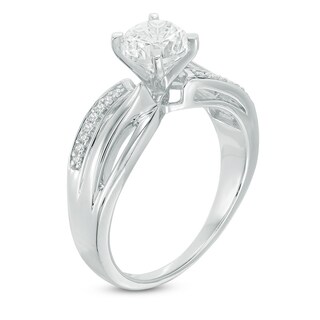 6.0mm White Lab-Created Sapphire and 0.09 CT. T.W. Diamond Slant Bridal Set in Sterling Silver