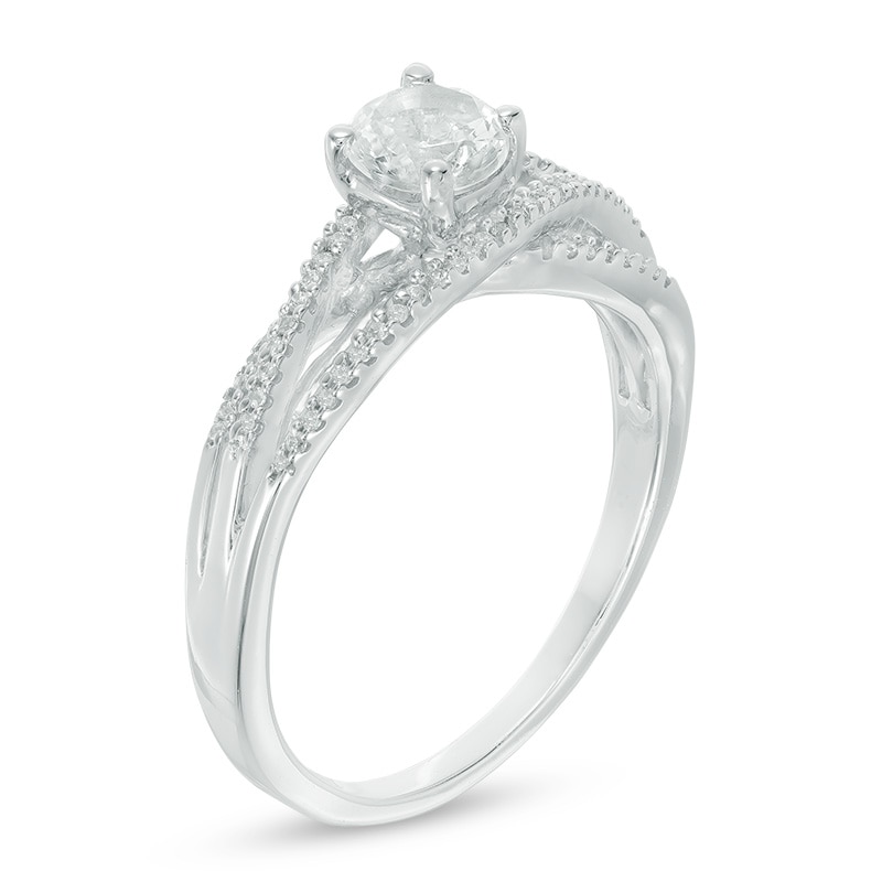 5.0mm Lab-Created White Sapphire and 0.09 CT. T.W. Diamond Split Shank Ring in Sterling Silver|Peoples Jewellers