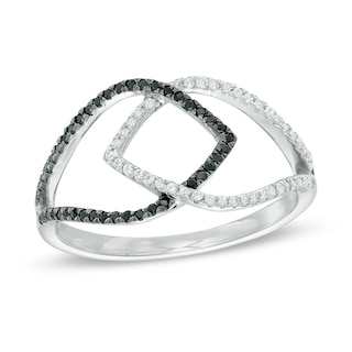 0.23 CT. T.W. Enhanced Black and White Diamond Interlocking Petals Ring in Sterling Silver