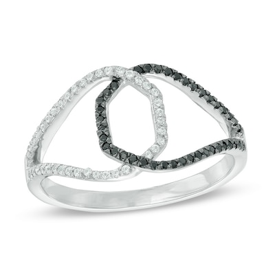 0.23 CT. T.W. Enhanced Black and White Diamond Interlocking Ring in Sterling Silver