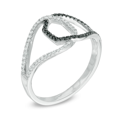 0.23 CT. T.W. Enhanced Black and White Diamond Interlocking Ring in Sterling Silver