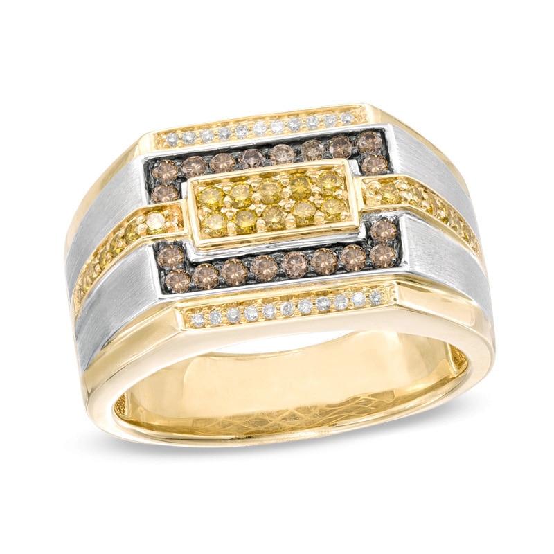 Men's 0.50 CT. T.W. Enhanced Yellow, Champagne, and White Diamond Rectangular Ring in 10K Two-Tone Gold|Peoples Jewellers