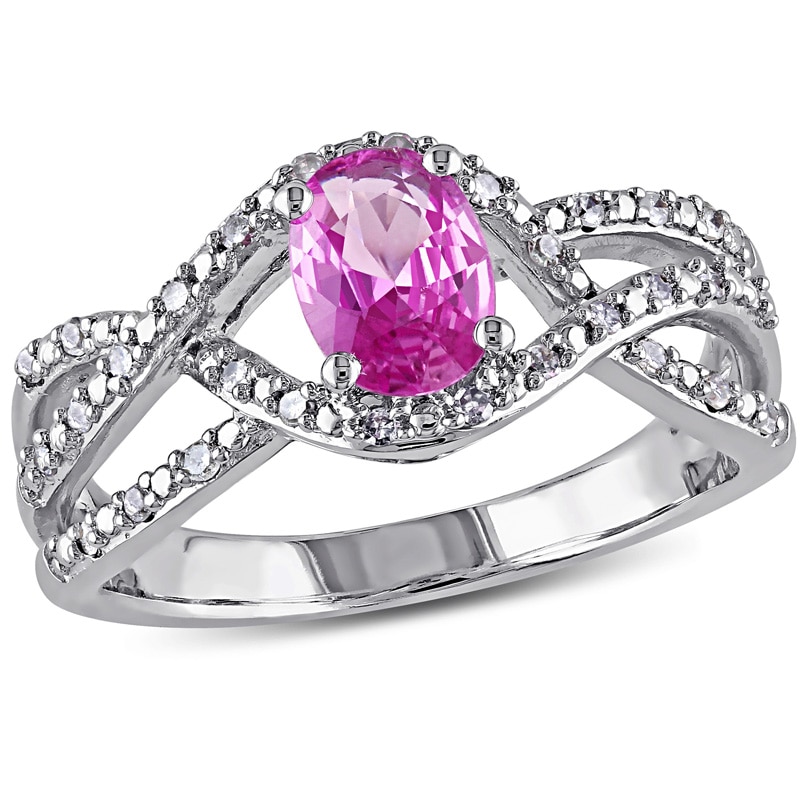 Oval Pink Sapphire and 0.15 CT. T.W. Diamond Crossover Ring in 10K White Gold|Peoples Jewellers