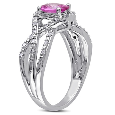 Oval Pink Sapphire and 0.15 CT. T.W. Diamond Crossover Ring in 10K White Gold