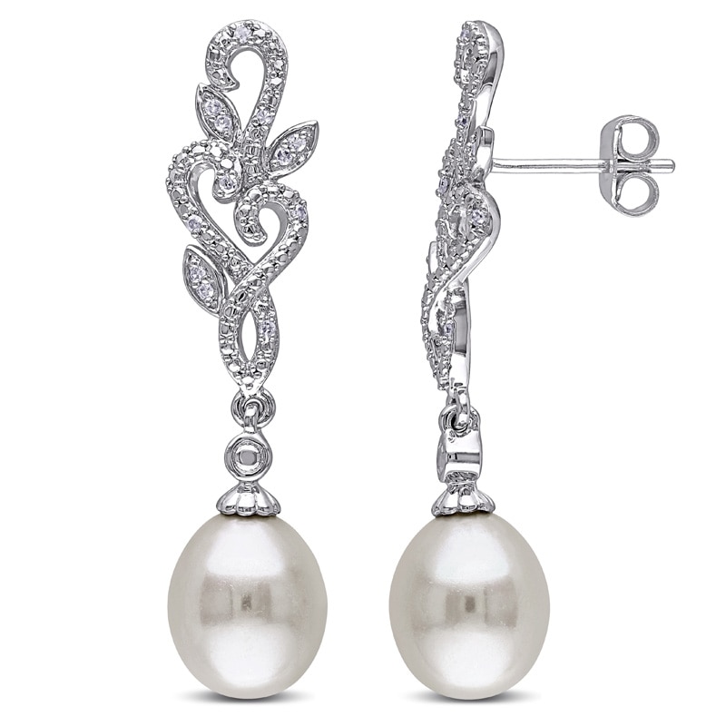 8.5-9.0mm Baroque Freshwater Cultured Pearl and 0.09 CT. T.W. Diamond Vine Drop Earrings in Sterling Silver|Peoples Jewellers