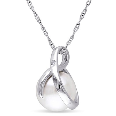 8.0-8.5mm Freshwater Cultured Pearl and Diamond Accent Loop Pendant in 10K White Gold-17"