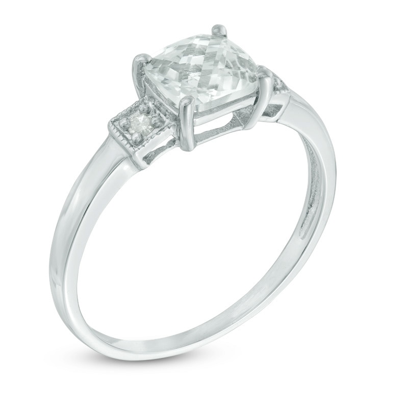 6.0mm Cushion-Cut Lab-Created White Sapphire and Diamond Accent Three Stone Ring in Sterling Silver|Peoples Jewellers
