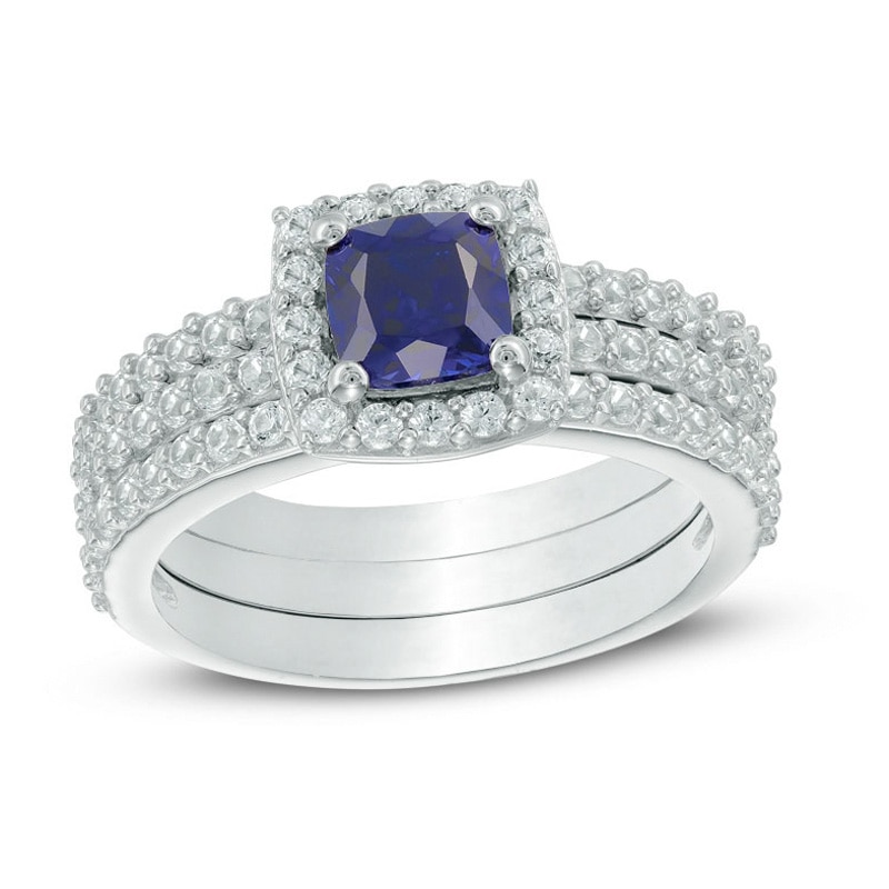 5.0mm Cushion-Cut Lab-Created Blue and White Sapphire Frame Three Piece Bridal Set in Sterling Silver|Peoples Jewellers