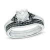 Thumbnail Image 0 of 6.5mm Lab-Created White Sapphire and 0.56 CT. T.W. Black Diamond Tri-Sides Bridal Set in Sterling Silver