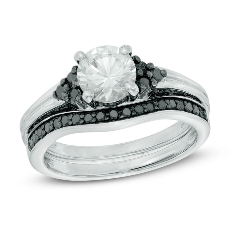 6.5mm Lab-Created White Sapphire and 0.56 CT. T.W. Black Diamond Tri-Sides Bridal Set in Sterling Silver|Peoples Jewellers