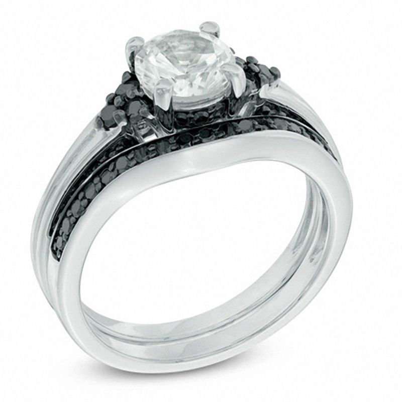 6.5mm Lab-Created White Sapphire and 0.56 CT. T.W. Black Diamond Tri-Sides Bridal Set in Sterling Silver|Peoples Jewellers