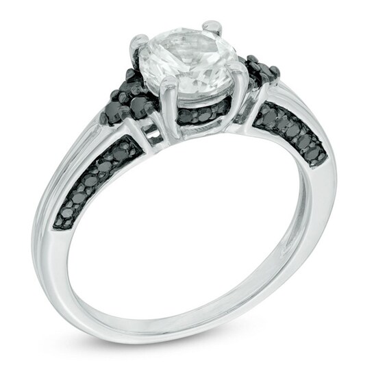 6.5mm Lab-Created White Sapphire and 0.56 CT. T.W. Black Diamond Tri-Sides Bridal Set in Sterling Silver