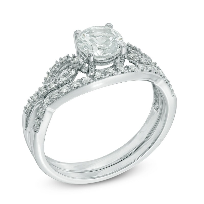 6.0mm Lab-Created White Sapphire and 0.15 CT. T.W. Diamond Twist Bridal Set in 10K White Gold