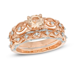 6.0mm Morganite and 0.24 CT. T.W. Diamond Vintage-Style Bridal Set in 10K Rose Gold