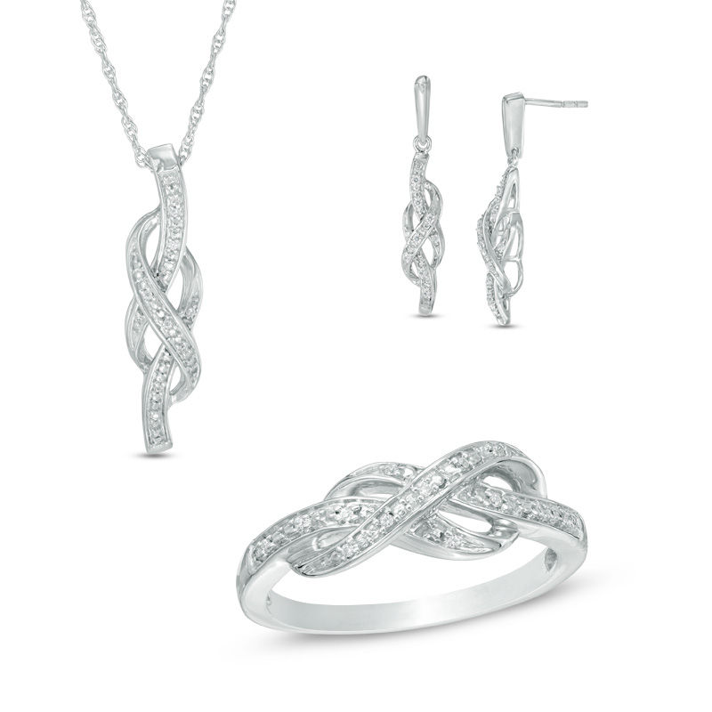 0.15 CT. T.W. Diamond Infinity Pendant, Earrings and Ring Set in Sterling Silver - Size 7|Peoples Jewellers
