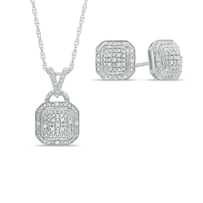Diamond Accent Octagonal Frame Pendant and Stud Earrings Set in Sterling Silver|Peoples Jewellers