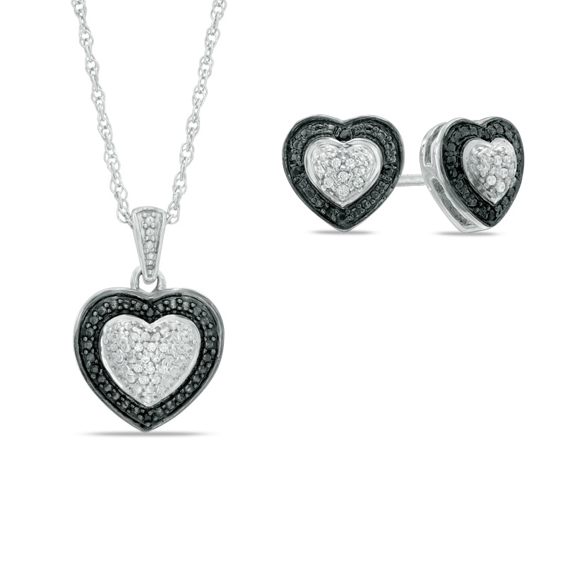 Enhanced Black and White Diamond Accent Heart-Shaped Pendant and Stud Earrings Set in Sterling Silver|Peoples Jewellers