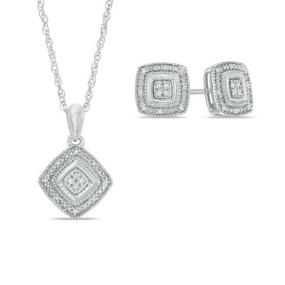 Diamond Accent Square Frame Pendant and Stud Earrings Set in Sterling Silver