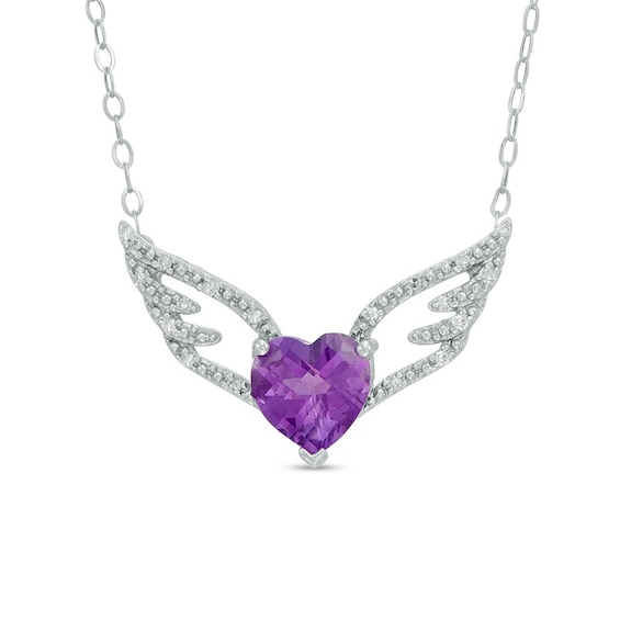 7.0mm Heart-Shaped Amethyst and Diamond Accent Wings Necklace in Sterling Silver - 16.5"