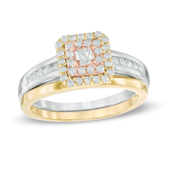 0.45 CT. T.W. Princess-Cut Diamond Double Frame Bridal Set in 10K Tri-Tone Gold