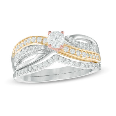 0.45 CT. T.W. Diamond Bypass Waves Bridal Set in 10K Tri-Tone Gold