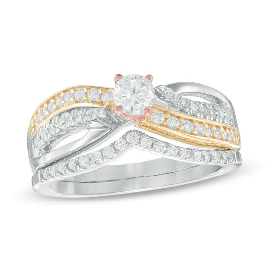 0.45 CT. T.W. Diamond Bypass Waves Bridal Set in 10K Tri-Tone Gold