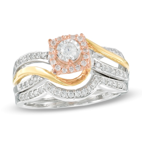 0.45 CT. T.W. Diamond Frame Twist Bridal Set in Sterling Silver and 10K Two-Tone Gold