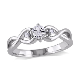 4.0mm Lab-Created White Sapphire and Diamond Accent Three Stone Promise Ring in Sterling Silver