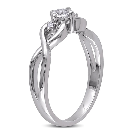 4.0mm Lab-Created White Sapphire and Diamond Accent Three Stone Promise Ring in Sterling Silver