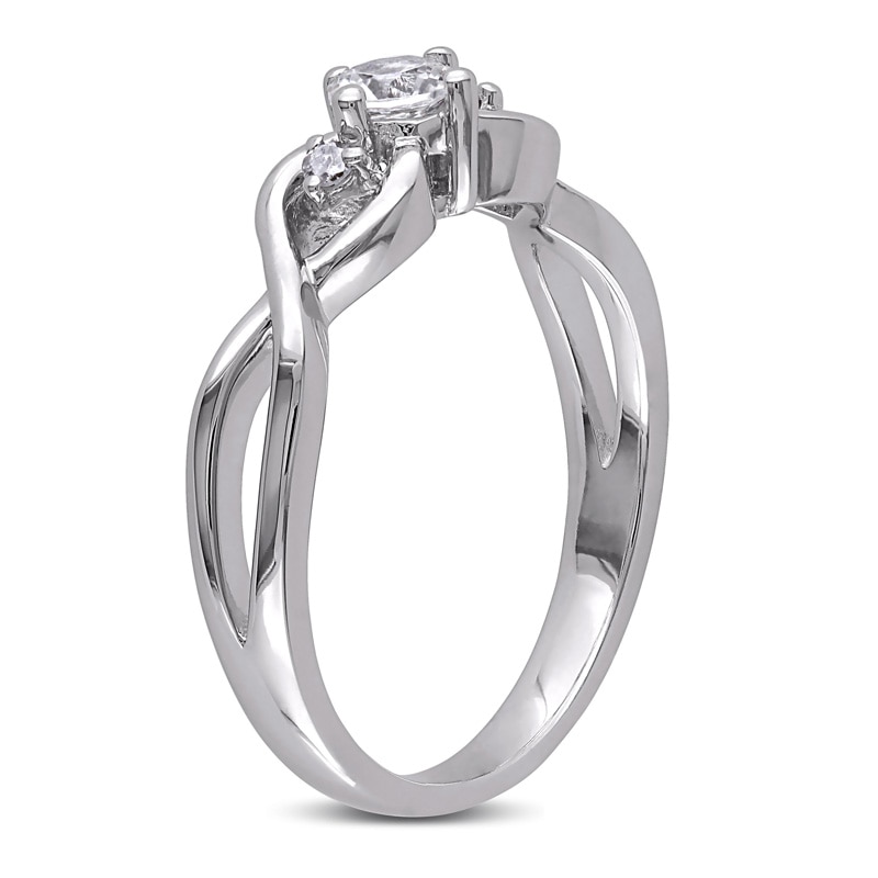 4.0mm Lab-Created White Sapphire and Diamond Accent Three Stone Promise Ring in Sterling Silver|Peoples Jewellers