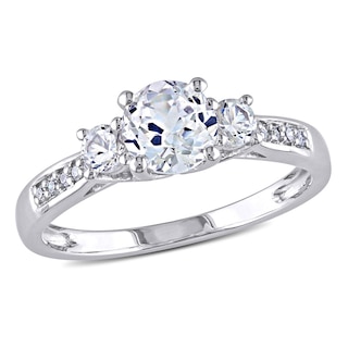 6.0mm Lab-Created White Sapphire and Diamond Accent Three Stone Ring in 10K White Gold