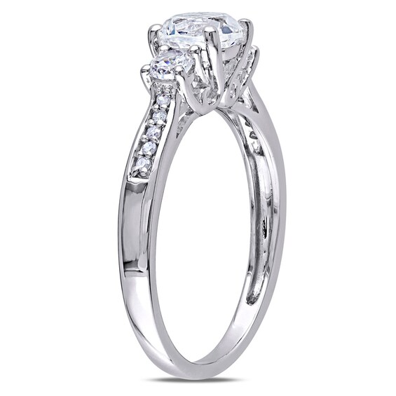 6.0mm Lab-Created White Sapphire and Diamond Accent Three Stone Ring in 10K White Gold