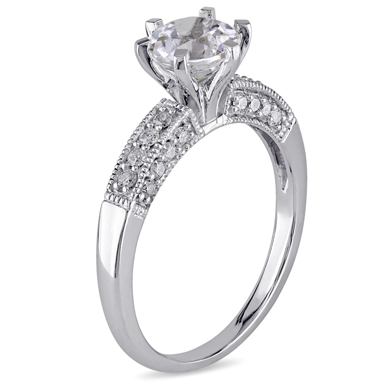 6.5mm Lab-Created White Sapphire and 0.24 CT. T.W. Diamond Vintage-Style Ring in 10K White Gold|Peoples Jewellers