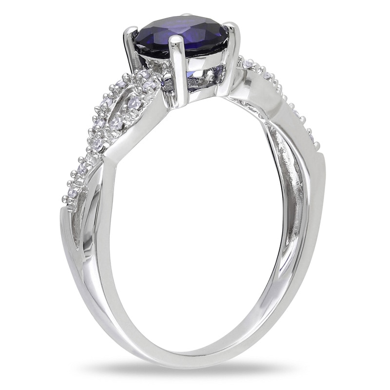 Main Image 3 of 6.0mm Lab-Created Blue Sapphire and Diamond Accent Twist Ring in 10K White Gold