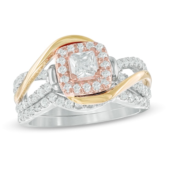 0.95 CT. T.W. Princess-Cut Diamond Square Frame Swirl Bridal Set in 10K Tri-Tone Gold