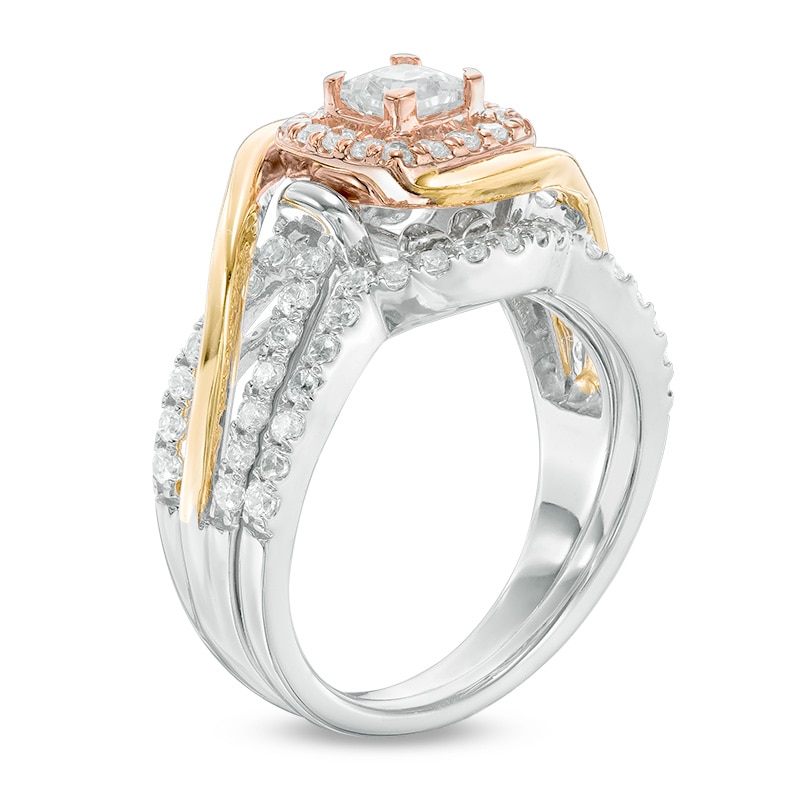 0.95 CT. T.W. Princess-Cut Diamond Square Frame Swirl Bridal Set in 10K Tri-Tone Gold|Peoples Jewellers