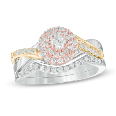 0.45 CT. T.W. Diamond Layered Frame Bridal Set in Sterling Silver and 10K Two-Tone Gold