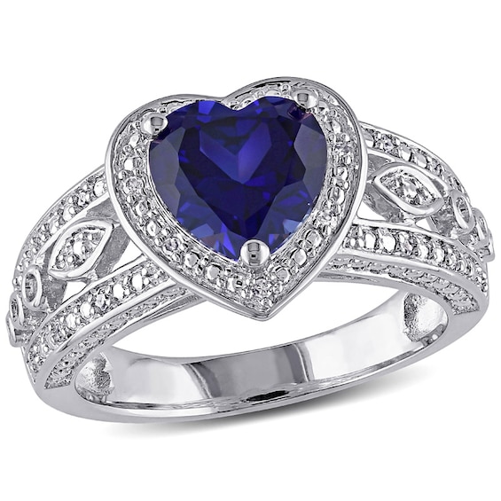 8.0mm Heart-Shaped Lab-Created Blue Sapphire and Diamond Accent Ring in Sterling Silver