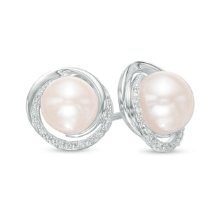 8.0mm Button Freshwater Cultured Pearl and Diamond Accent Swirl Frame Stud Earrings in Sterling Silver