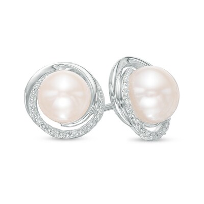 8.0mm Button Freshwater Cultured Pearl and Diamond Accent Swirl Frame Stud Earrings in Sterling Silver