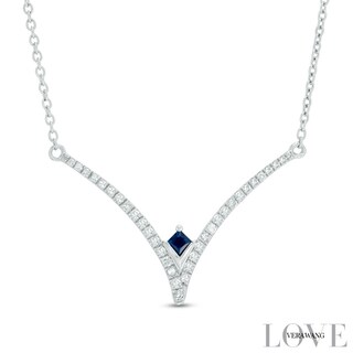 Vera Wang Love Collection 0.18 CT. T.W. Diamond and Blue Sapphire Chevron Necklace in Sterling Silver